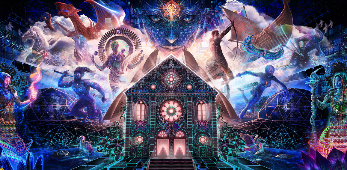 Crop of the future legends image by Eloh projects, Sean Allum. The psychedelic image shows the chapel in the centre with lit sails behinds and a number of different characters that embody the spirit of the project. Above the chapel looking forward is a representation of Kalki Avatar. 