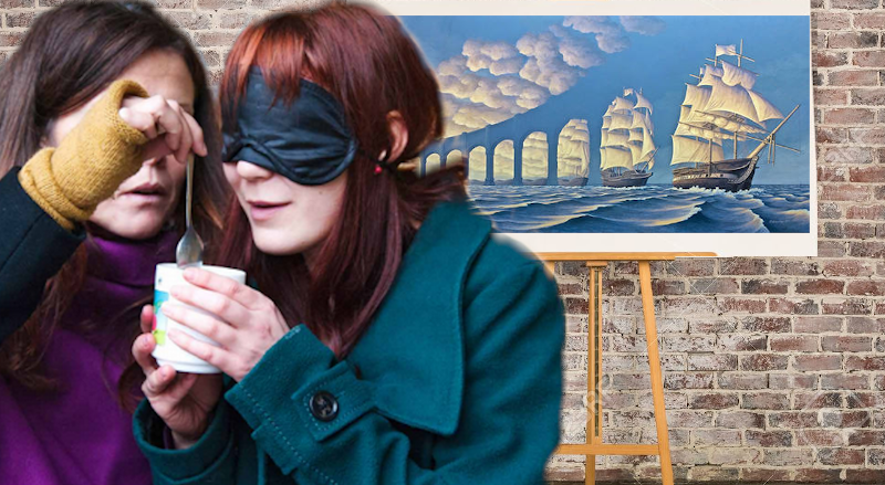 girl blindfolded being show something, painting with ship morphing into bridge